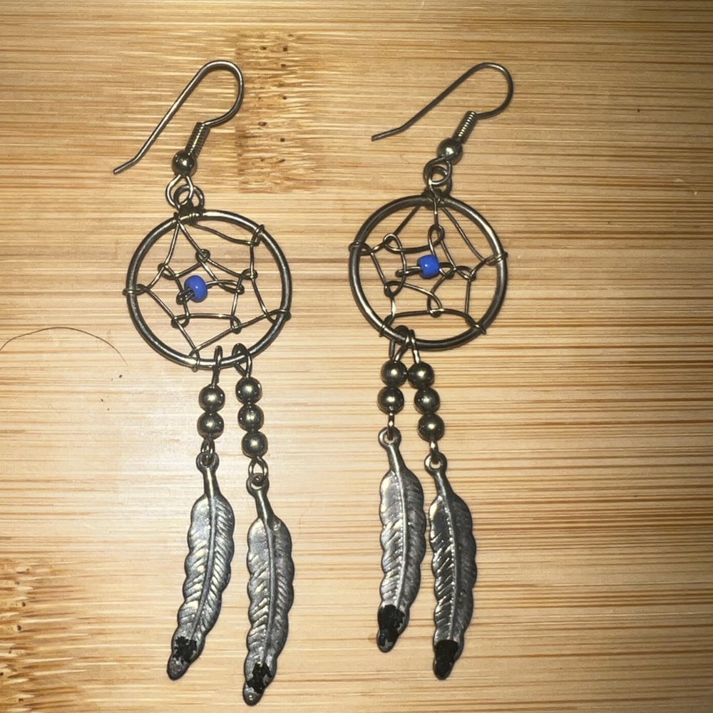 Vintage Silver Dreamcatcher Earrings with Blue Accents